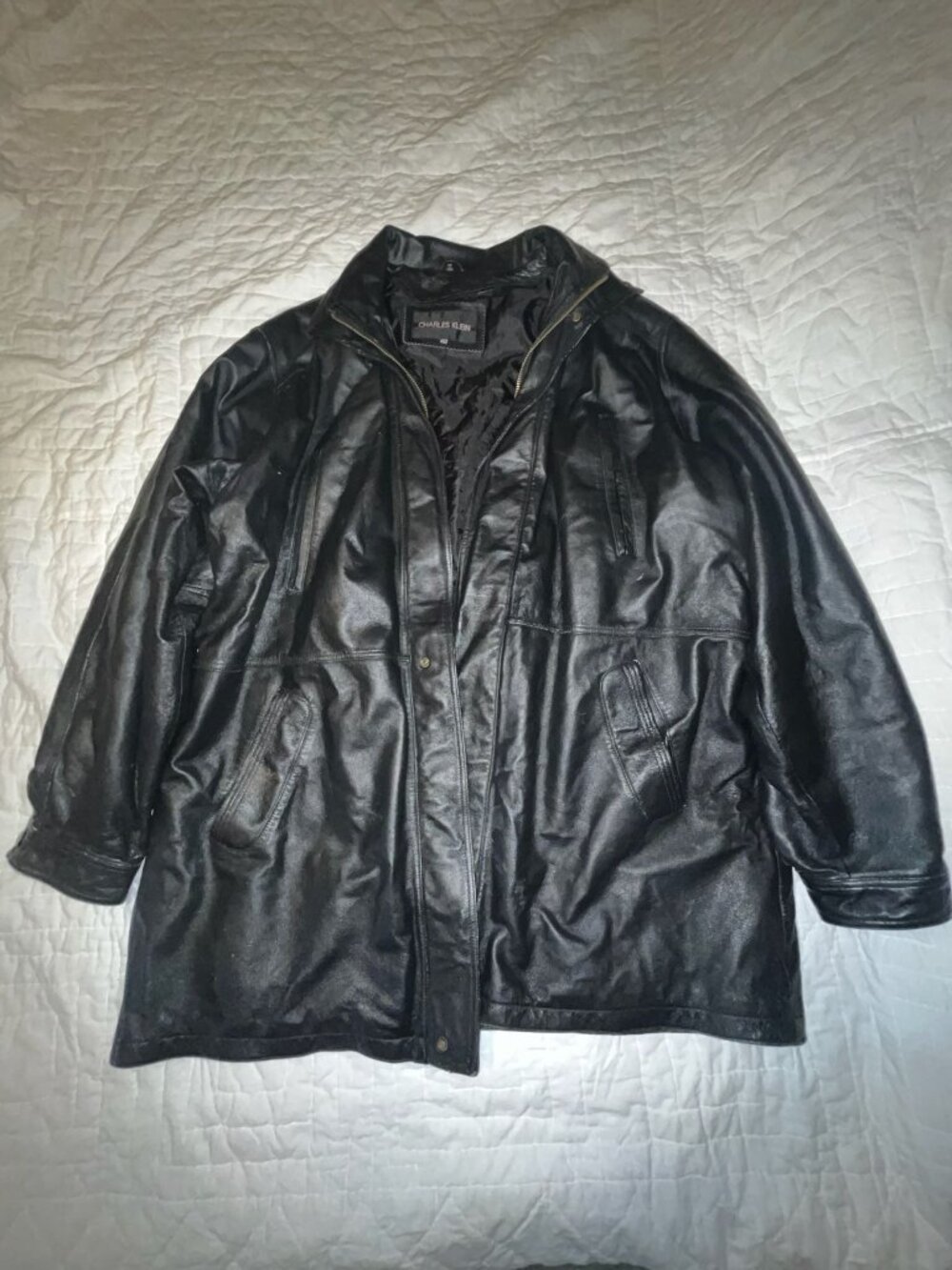 Charles Klein Black Leather Jacket 4XLT Mens Long Coat With Front Pockets